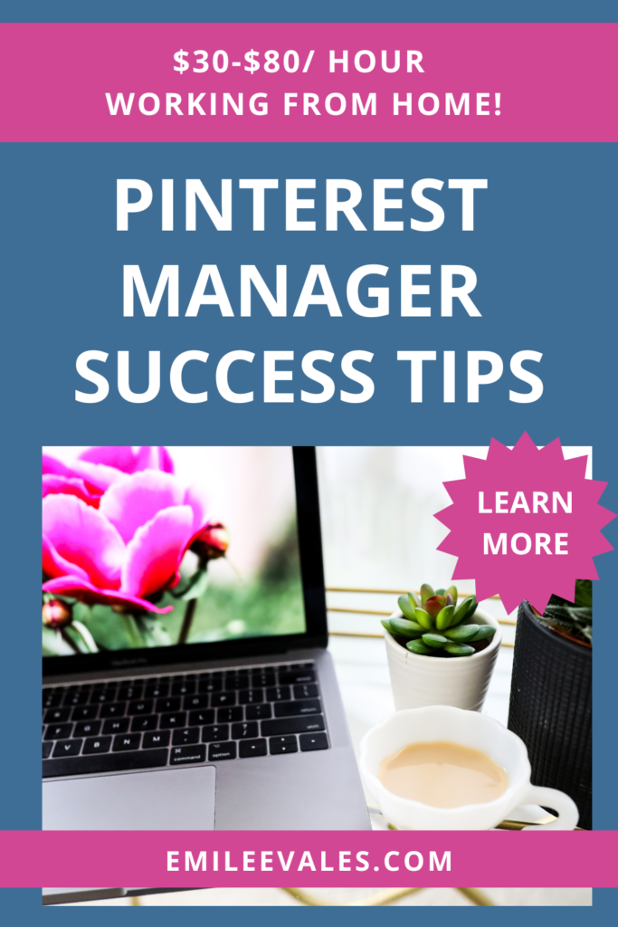 $30-$80/Hour Working from Home Pinterest manager success tips read more emileevales.com with computer stock photo
