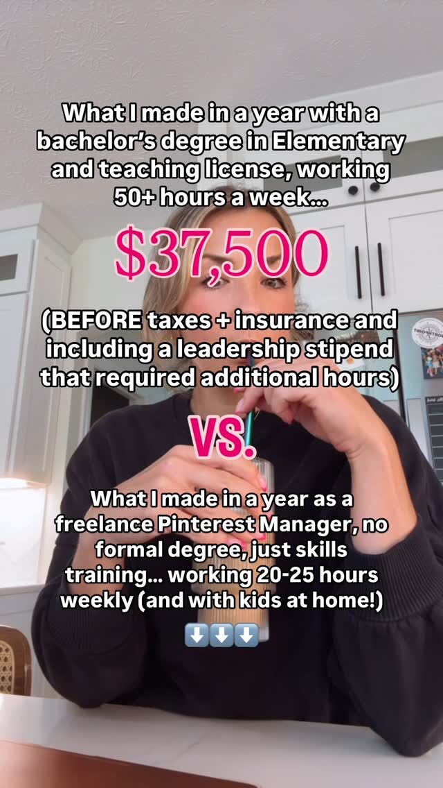 This is what I made in 1 year as a Pinterest manager ⬇️

And this was just from freelance Pinterest management services…. No course/digital products included.

It was literally 3-4x what I made teaching.

Over the past 4.5 years it’s varied from just shy of 6-figures to over 6-figures.

And what’s so crazy about that is that it’s part-time hours 🤯

When you think about teaching… of course you don’t go into that profession for the money.

But then once you realize you literally don’t have any money, and you’re working long hours, it becomes pretty obvious why there’s a shortage of teachers.

Maybe you aren’t a teacher, but you can relate to the burnout? And the need for change…

I’d love to share more with you!

If you’d like to binge my SECRET Pinterest Manager podcast…

Just comment, “SECRET” and I’ll DM you the link to start listening! 💕

And you can see if this career might be for you ❤️

#pinterestmanager #pinterestmanagement #pinterestvirtualassistant #onlinejobsnoexperience #workfromhomejobs #workfromhomemom #freelancer #freelancing #workathomemom #onlinejobsworkfromhome #trendingreels #businessreels #formerteachers #careerchange #teacherexit #teacherssupportteachers