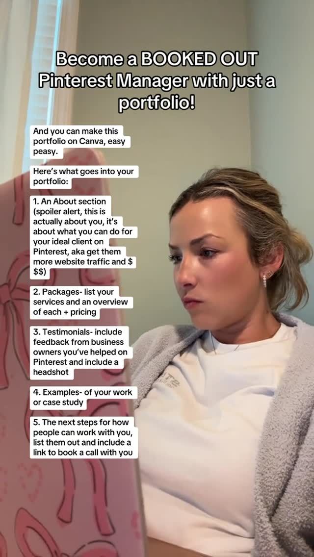 🔥Save these steps👇🏻

(And share with a fellow Pinterest lover who wants to work from home 🥰)

My (maybe) unpopular opinion, you don’t need a website day 1 of your business.

Yes, eventually you’ll want a beautiful website… but in the first few months I think that could be more of a hand up rather than propelling your momentum.

I think it’s more important to get skills training, learn this service, and then apply what you’ve learned through doing the work (paid work for clients!).

Getting that first client is so validating and I think new Pinterest Managers need that first (huge) milestone before getting caught up in the website. 

You can become a fully booked Pinterest Manager with just a portfolio.

And you can make this portfolio on Canva, easy peasy. 

Here’s what goes into your portfolio:

1. An About section (spoiler alert, this is actually about you, it’s about what you can do for your ideal client on Pinterest, aka get them more website traffic and $$$)
2. Packages- list your services and an overview of each + pricing 
3. Testimonials- include feedback from business owners you’ve helped on Pinterest and include a headshot 
4. Examples- of your work or case study 
5. The next steps for how people can work with you, list them out and include a link to book a call with you

If you’re ready to become booked out as a Pinterest Manager and would like to binge my secret Pinterest Manager podcast…

Comment “SECRET” and I’ll give the behind the scenes for how I built and scaled my Pinterest Manager biz to $10K/mo (and in the beginning that was JUST a with a portfolio!)

#pinterestmanager #pinterestvirtualassistant #careerchange #freelancer #pinterestgirl #pinterestmarketing #pinterestva #workathomemom #remoteworklife #workfromanywheremom #workathomejobs #freelancers #freelancejob #hireapinterestmanager #onlinebusinessideas